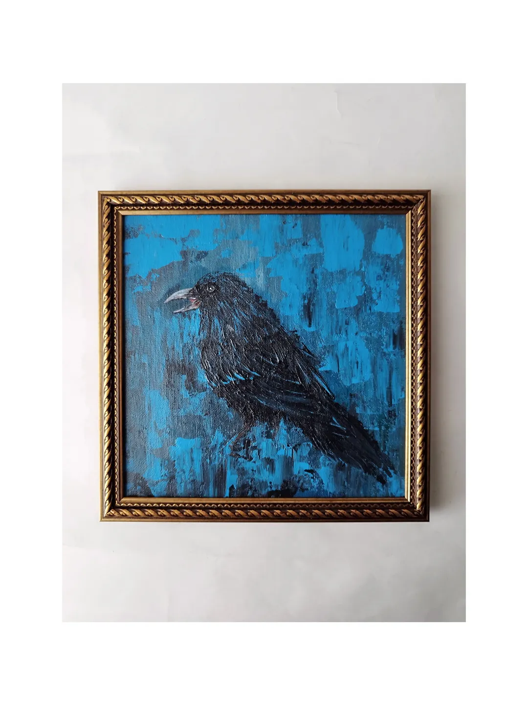 Raven bird painting acrylic abstract black blue crow artwork