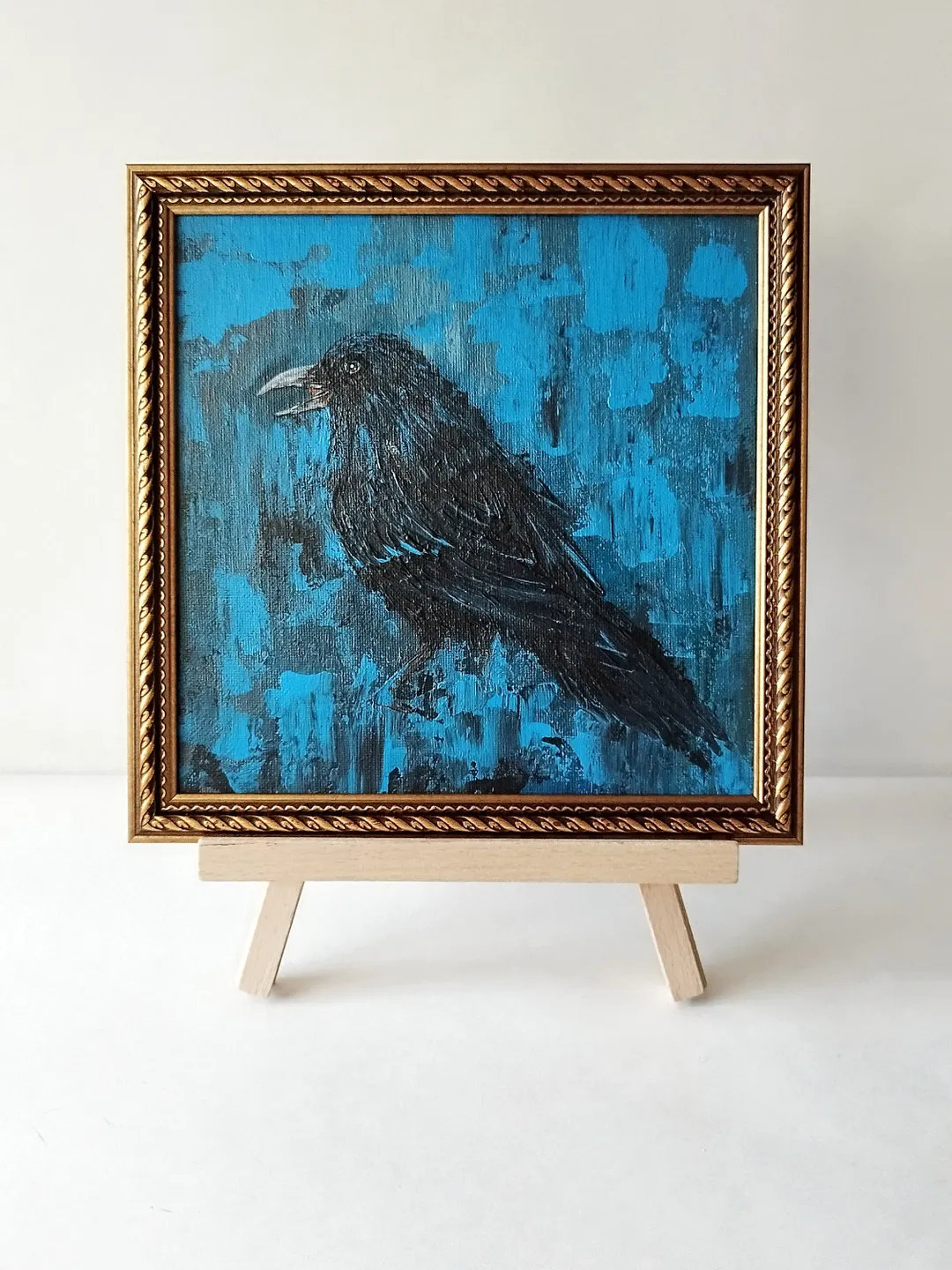 Raven bird painting acrylic abstract black blue crow artwork