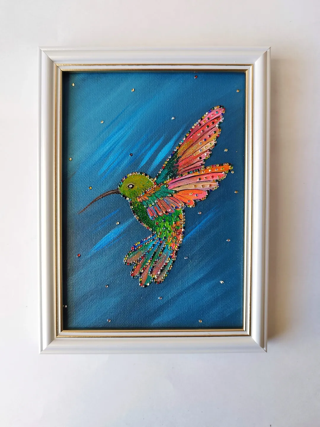 Hummingbird Painting Little Bird Original Painting with Crystals Hummingbird Wall Decor Impasto Painting Bird Art Canvas