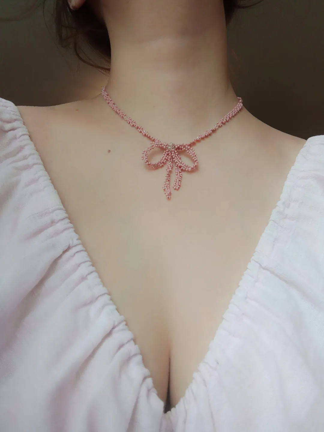 Bow necklace, handwoven beaded bowknot choker necklace in pink nude color, cute flower seed bead necklace for women