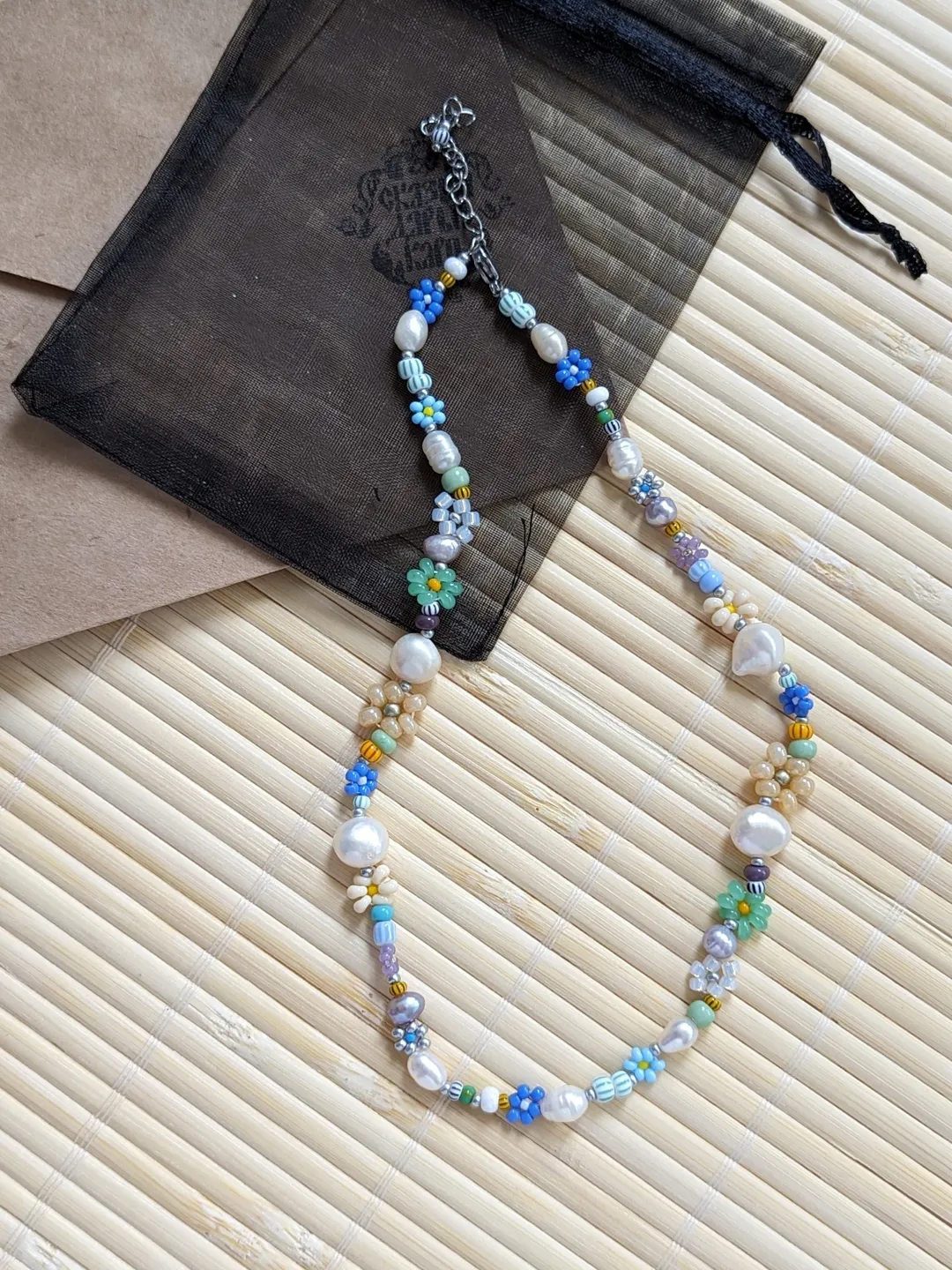 Pearl bead necklace for women, colorful handmade jewelry in bohemian style