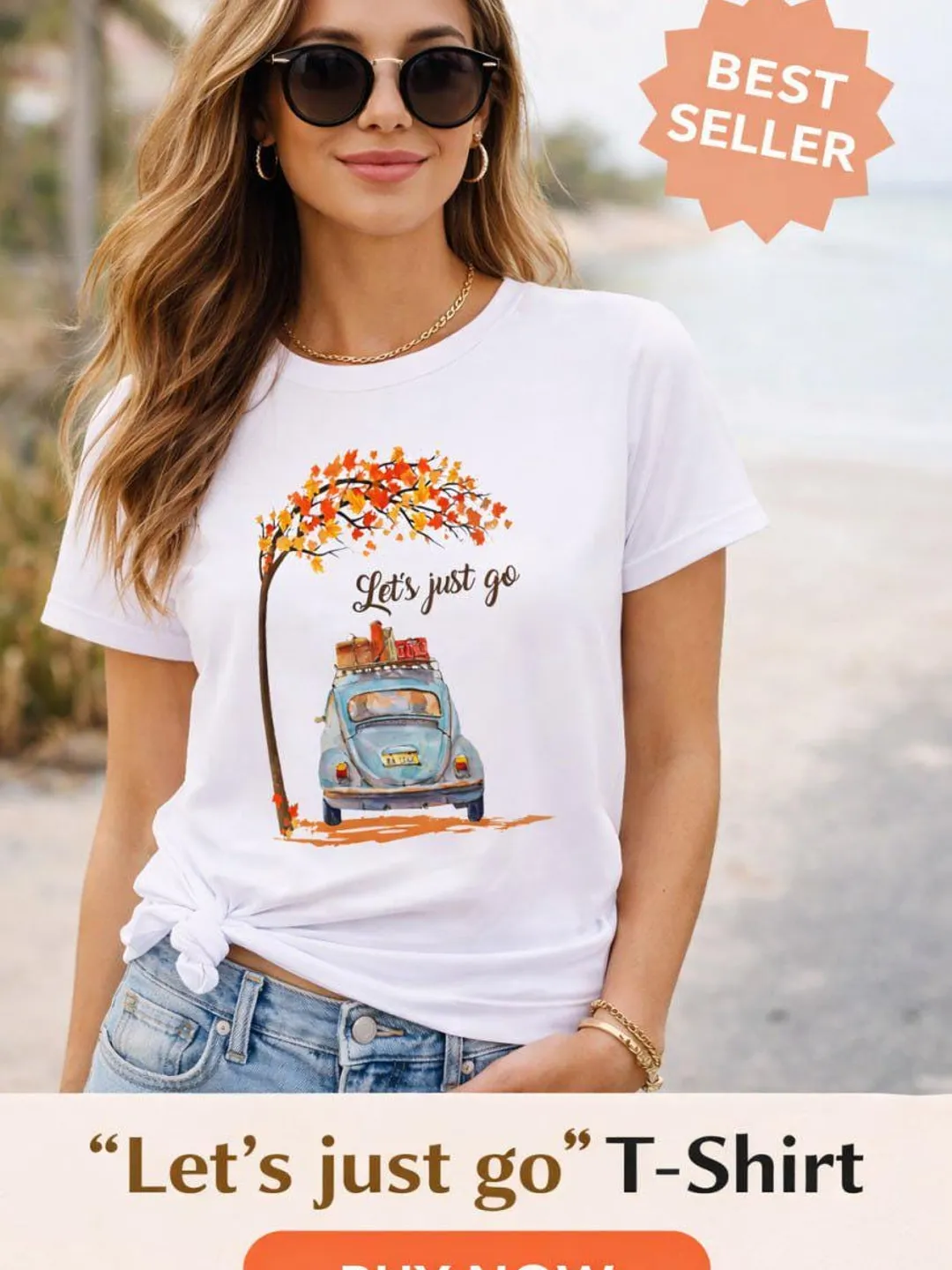 Let's Just Go – Vintage Car Autumn Leaves Graphic Tee