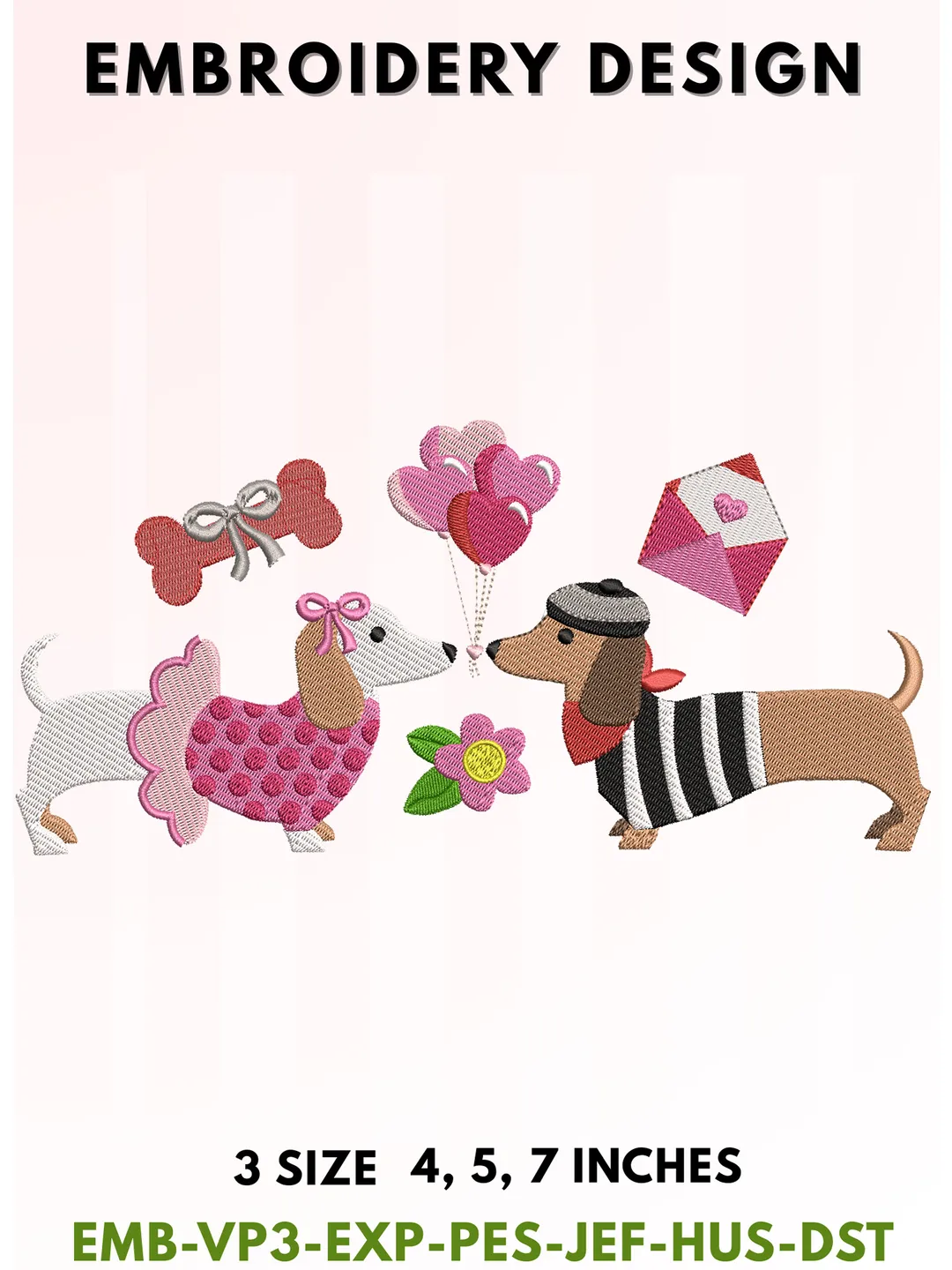 Valentine Dachshund Embroidery Design, Love Dog Machine Embroidery File