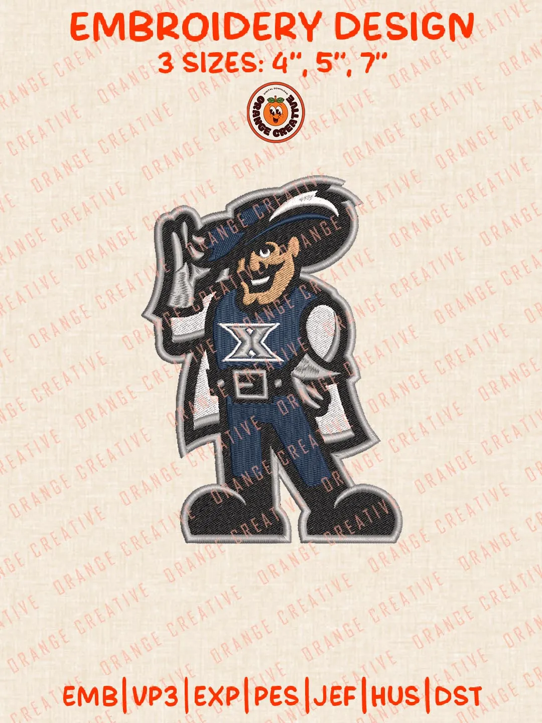 Xavier Musketeers Embroidery Design, NCAA Team Logo Embroidery Design, Machine Embroidery Design File, 4 Sizes, Custom Size, Digital Download