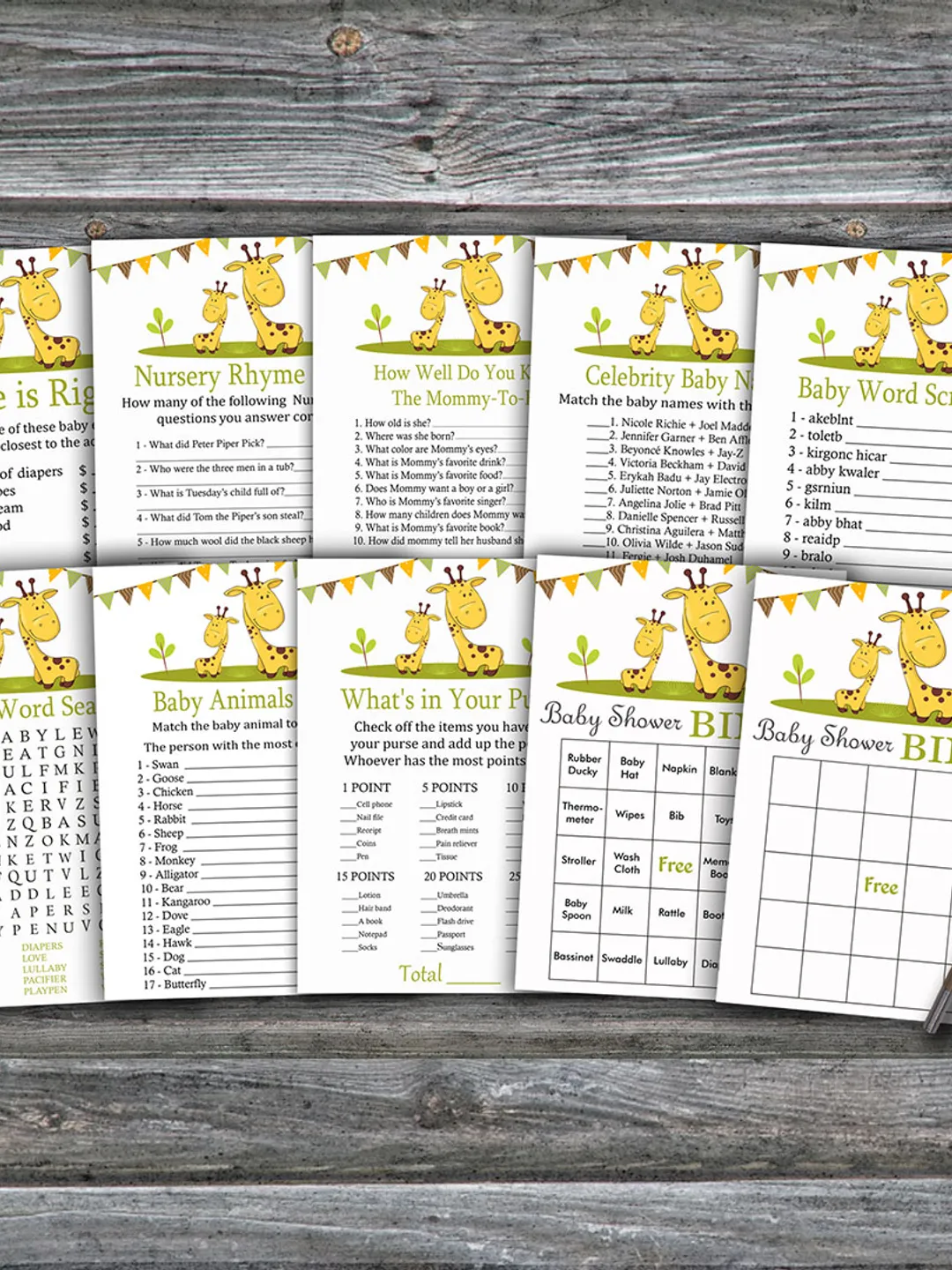 Giraffe baby shower games bundle,Safari theme Baby Shower games package,Fun Baby Shower Games,9 Printable Games-282