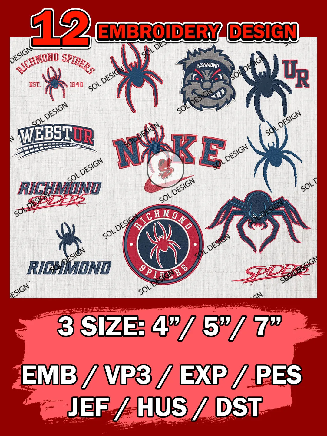 12 NCAA Richmond Spiders Bundle Embroidery Files, NCAA Richmond Spiders Team Bundle Embroidery Designs, NCAA Teams, National College Football Team 3 sizes, NCAA Richmond Machine Embroidery, Digital Download