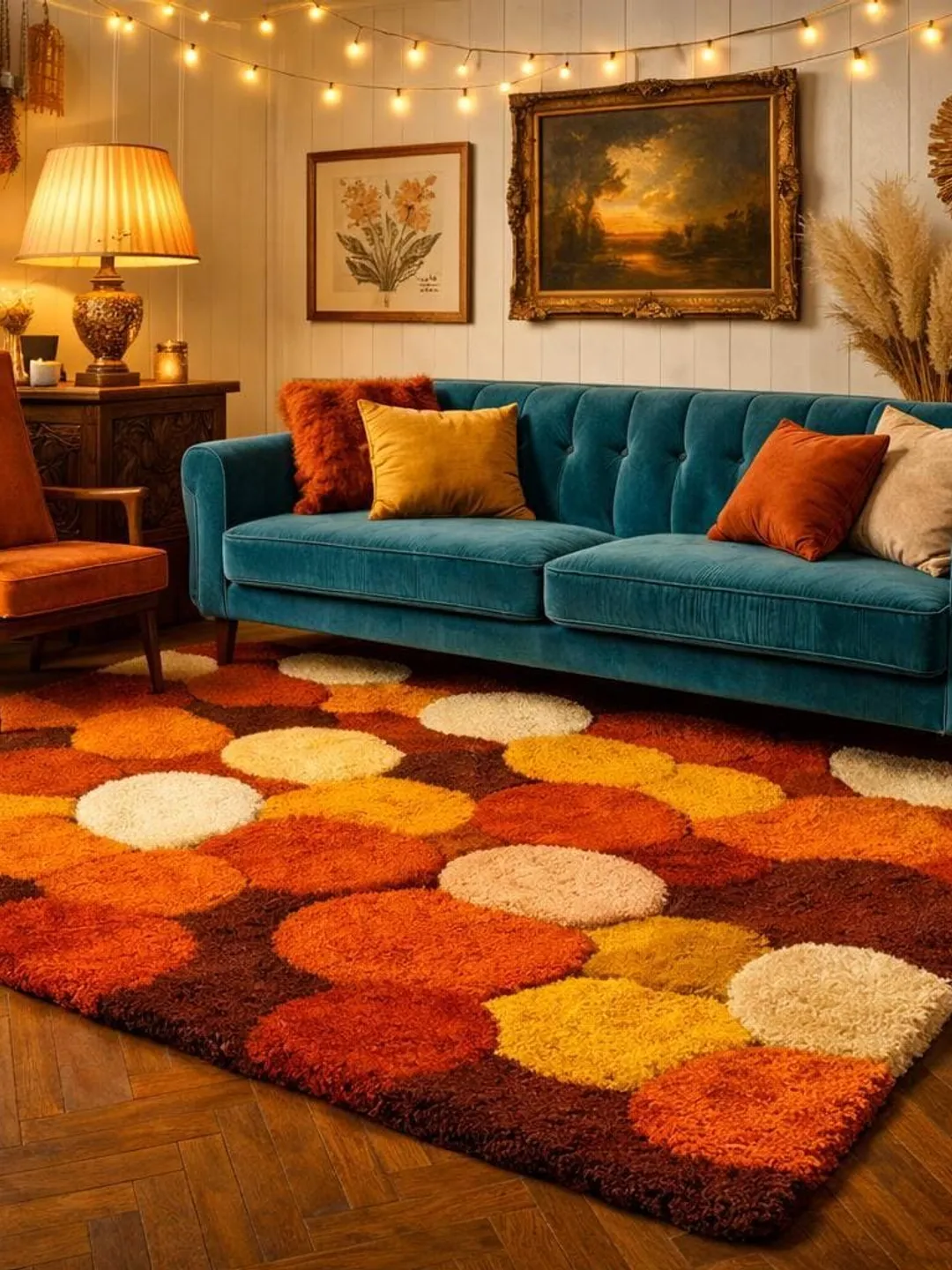 Retro Geometric Area Rug, 70s Vintage Shaggy Statement Rug for Living ...