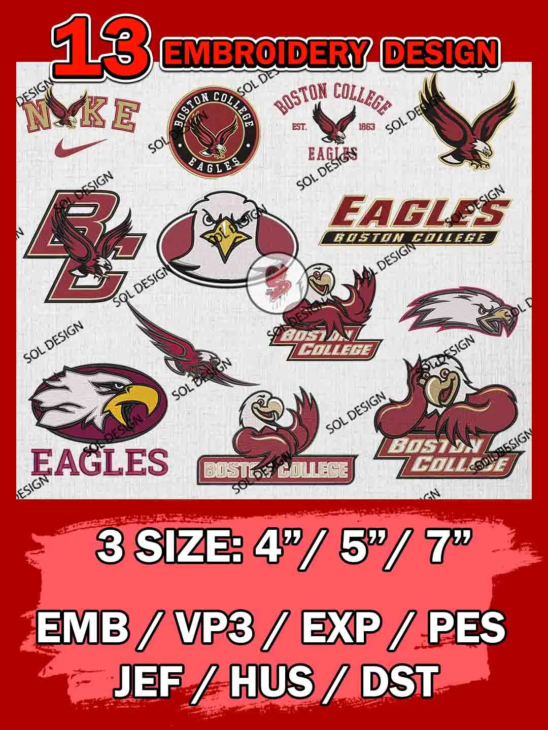 13 NCAA Boston College Eagles Bundle Embroidery Files, NCAA Boston College Eagles Team Bundle Embroidery Designs, NCAA Teams, National College Football Team 3 sizes, NCAA Boston College Machine Embroidery, Digital Download