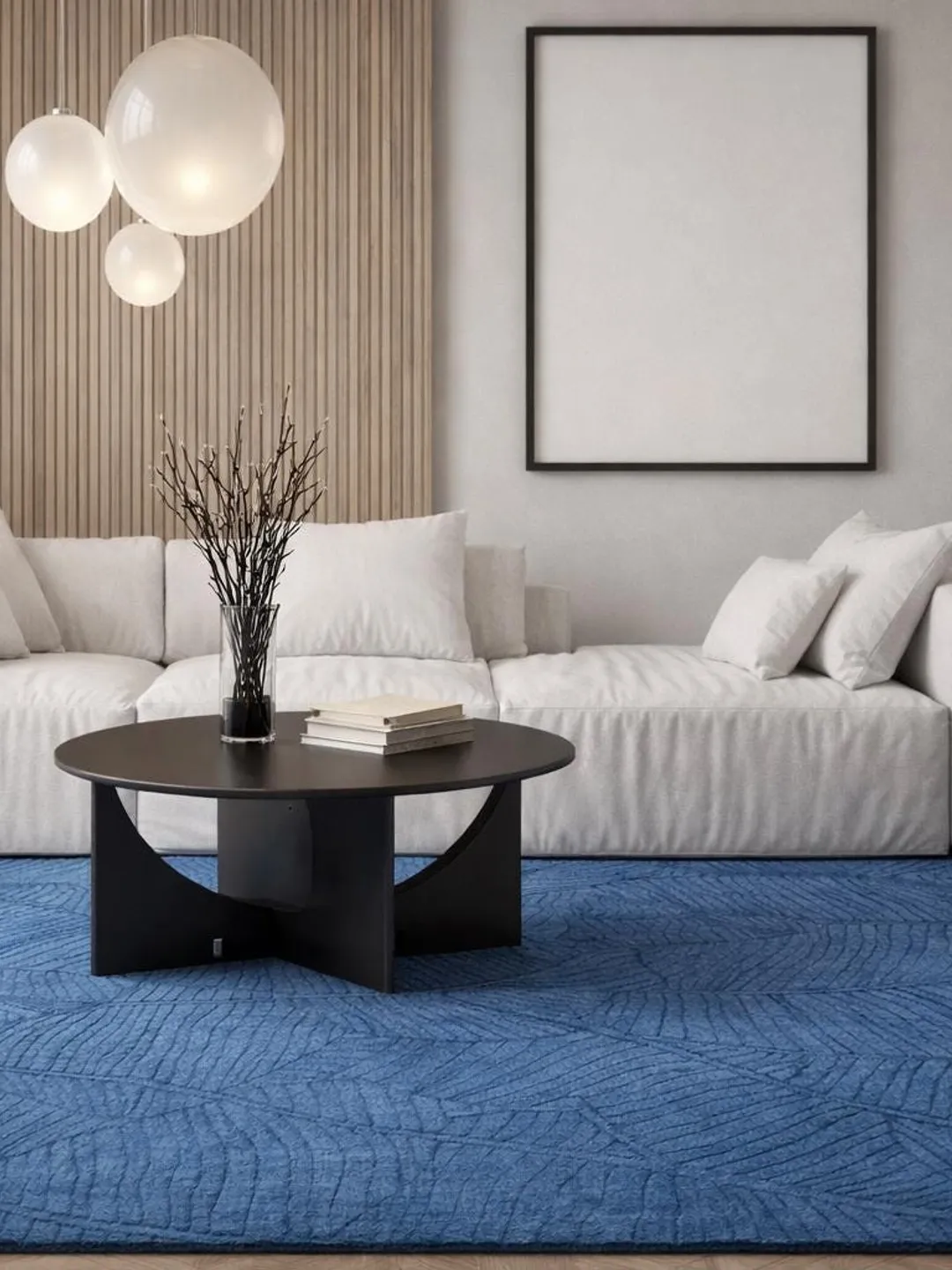 Deep Blue Botanical Wool Area Rug, Hand Tufted Leaf Pattern Carpet