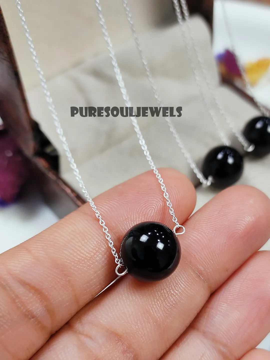 Black Onyx Ball Necklace, 925 Sterling Silver Beaded Pendant, Minimalist Dainty Crystal Jewelry Gift