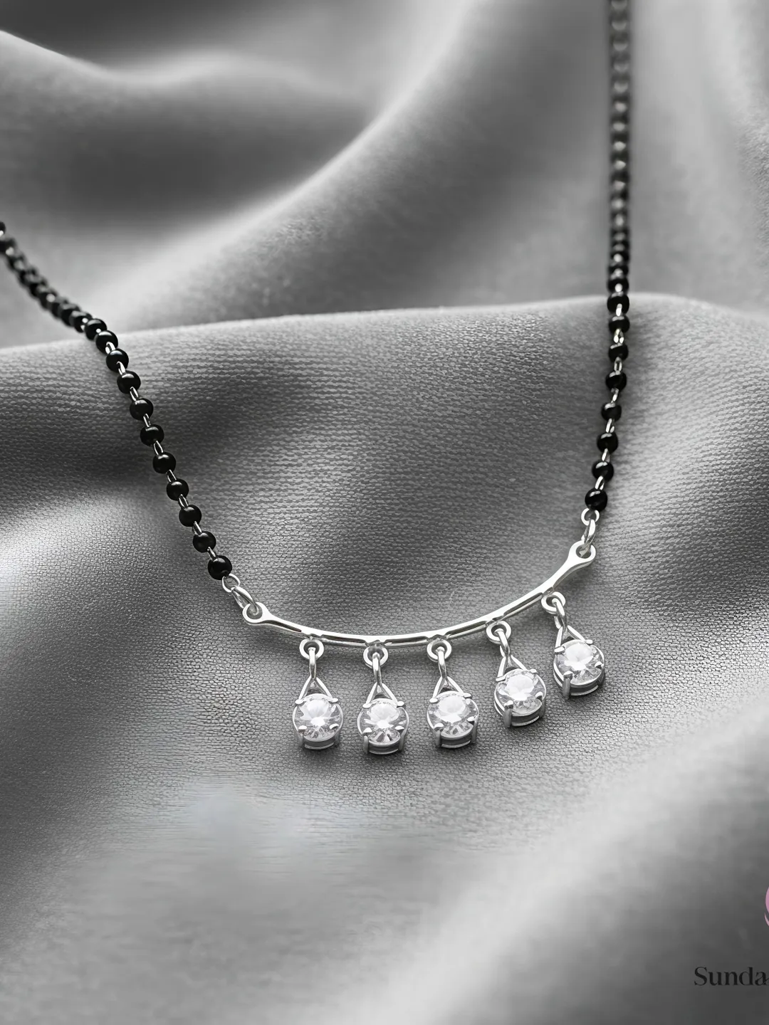 Moissanite Diamond Mangalsutra | Sterling Silver Black Bead Necklace