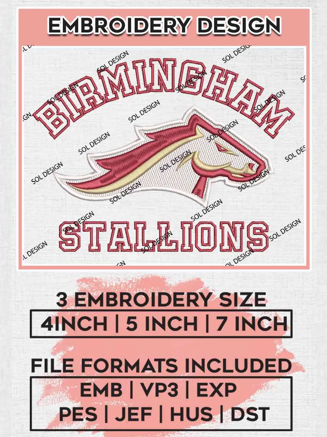UFL Birmingham Stallions Logo Embroidery Design, UFL Embroidery files, Sport Machine embroidery designs, 3 sizes, Instant Download