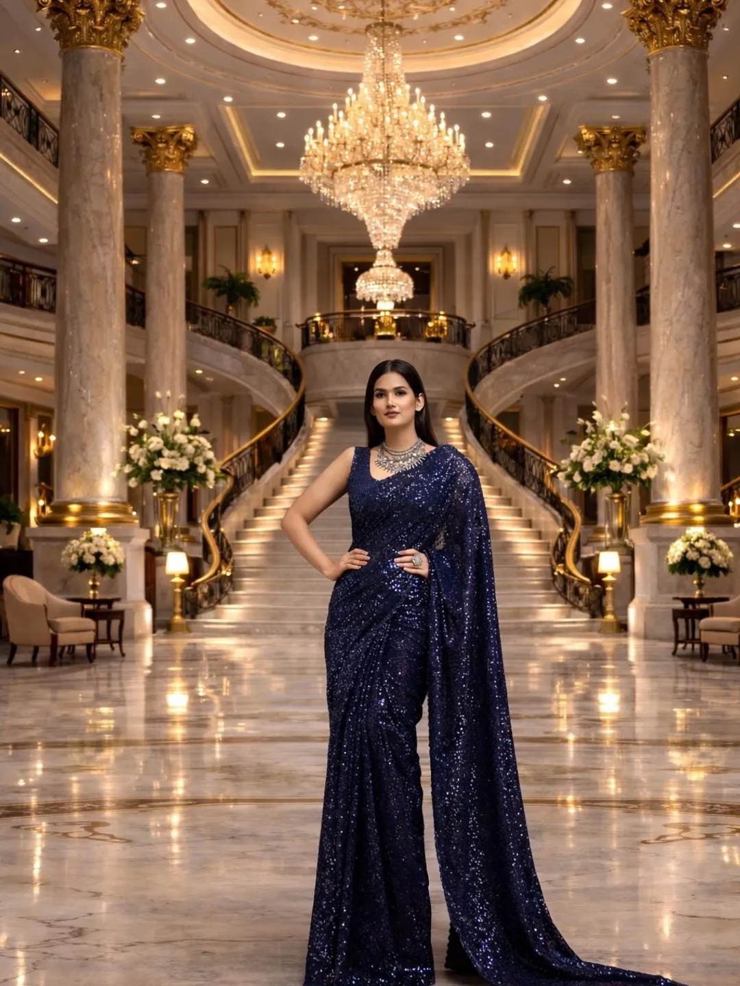 Blush Blue Sequin Ready To Wear Saree For Women: Indian Wedding Party Wear