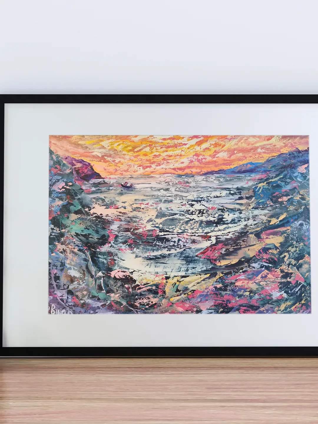 Mountains Sea Ship Bright Sunset Original Art Oil Painting Artist Svinar Oksana