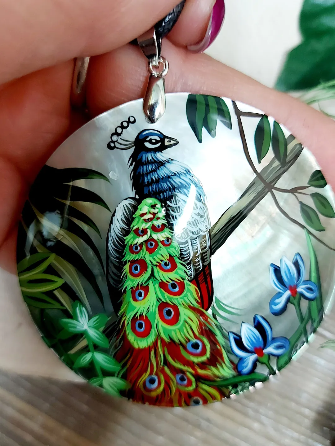 Peacock Inner Shell Beautiful Peacock shell pendant. Hand-painted, Mother-of-pearl jewelry ...