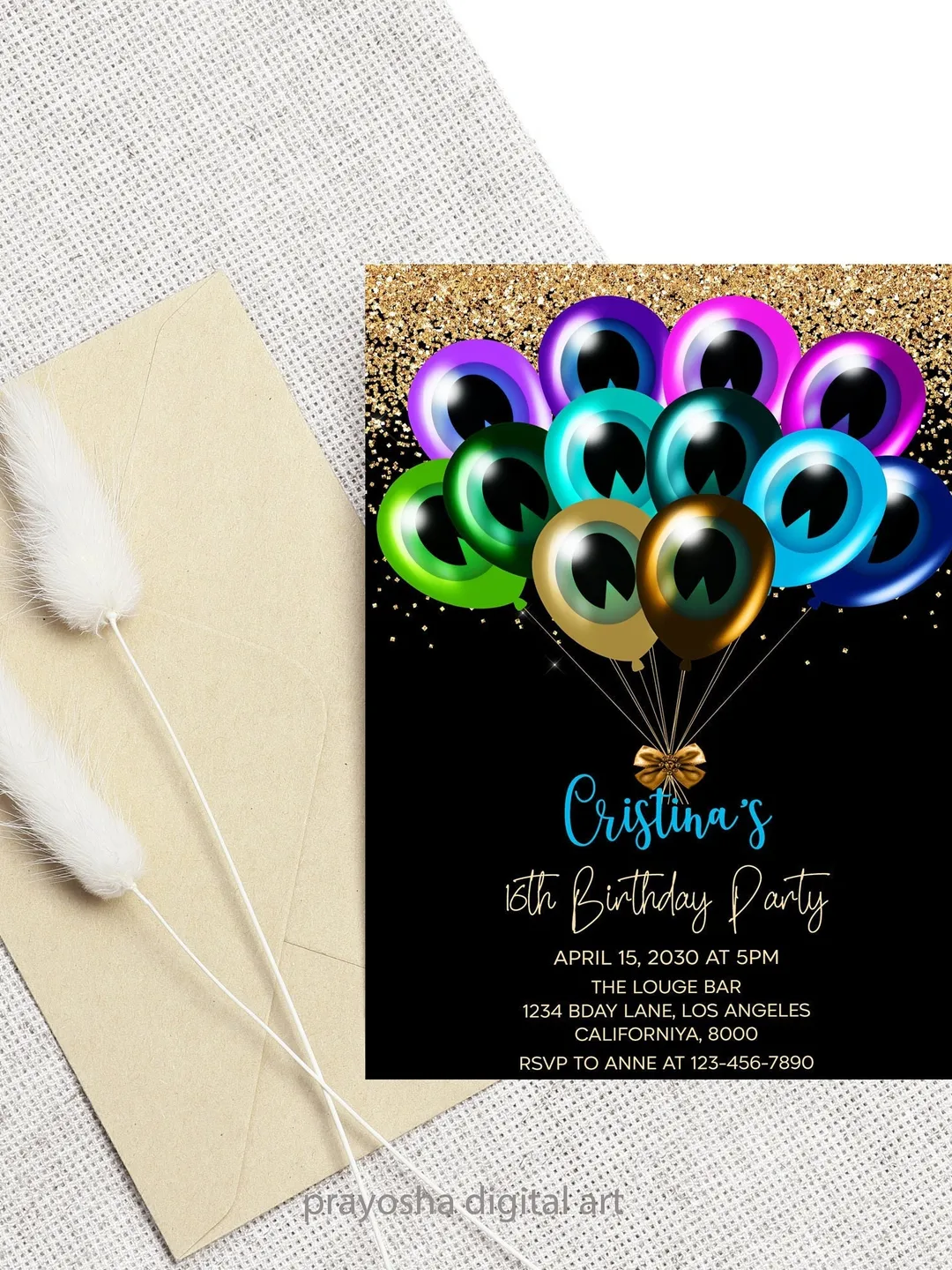 Peacock Balloon Birthday Invitation, Any Age, Personalized Digital Invite