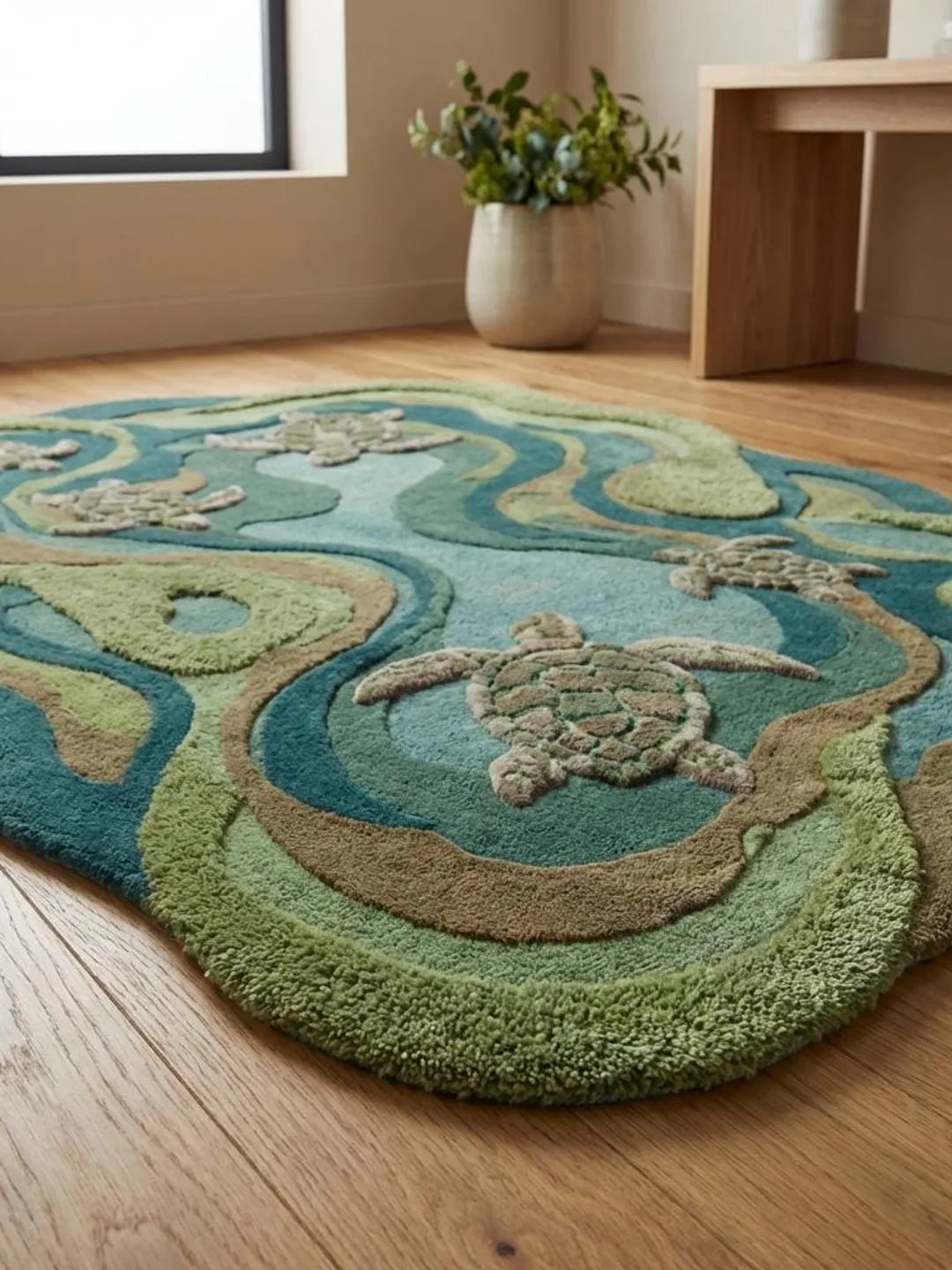 Hand Tufted Turtle Rug, Coastal Kids Room Wool Area Rug, Organic Ocean ...
