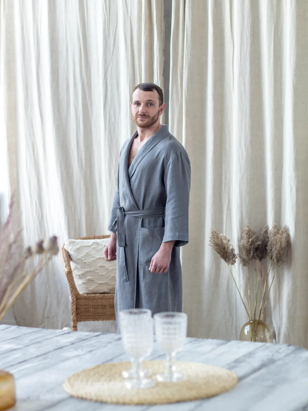 men's grey dressing gown Gray linen robe for men - Linen Bathrobe 1920s gown