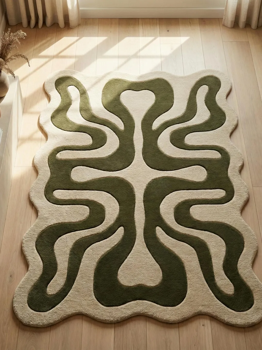 Irregular Shaped Squiggly Abstract Sage Green Hand Tufted Modern Rug