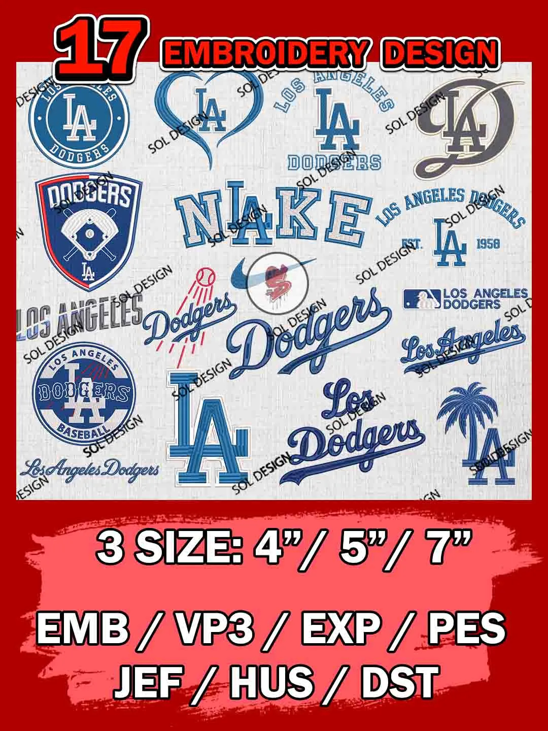 17 Los Angeles Dodgers Bundle Embroidery Files, MLB Los Angeles Dodgers Team Bundle Embroidery Designs, MLB Teams, League Baseball Team, 3 sizes, MLB LA Dodgers Machine Embroidery, Digital Download