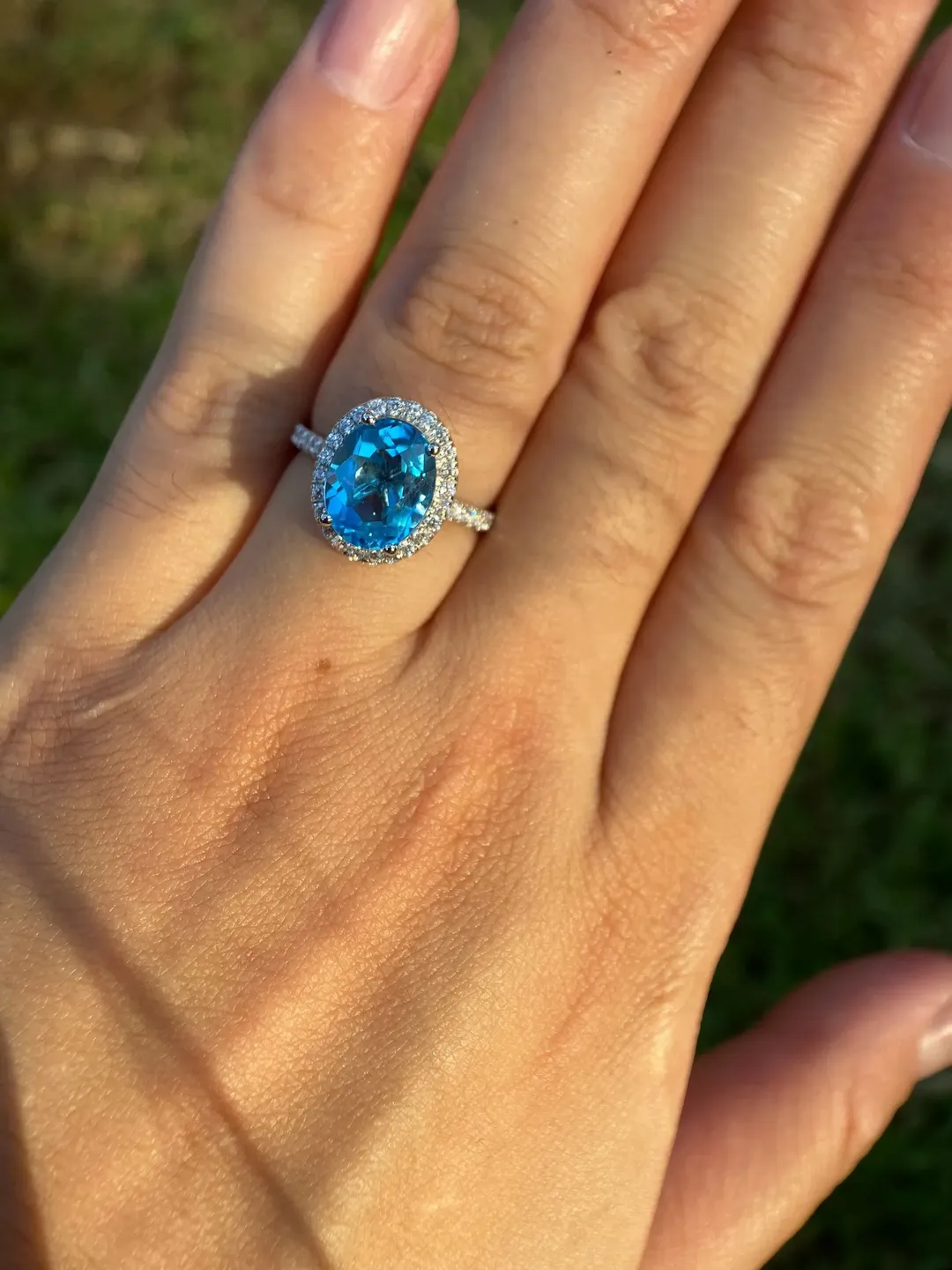 Topaz Ring, 8x10MM Swiss Blue Oval Topaz Ring with Side Moissanite in Solid 10K White Gold, Gift for Her, Mothers Day Gift