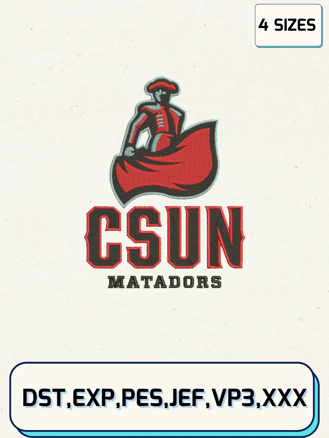 Cal State Northridge Matadors Embroidery Design Files, NCAA Logos Embroidery Designs, Machine Embroidery Files, 4 Sizes