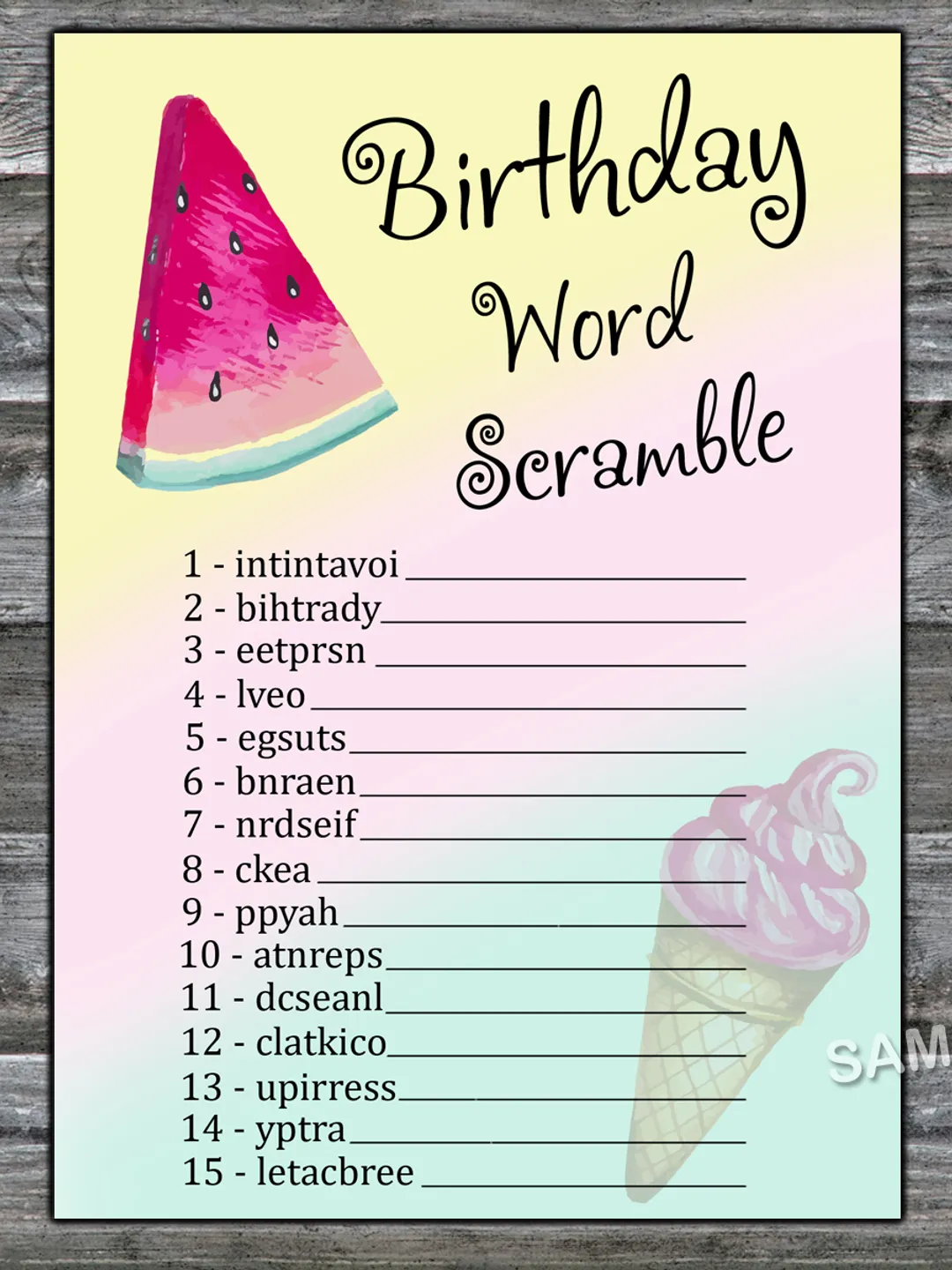Watermelon Birthday Word Scramble Game,Adult Birthday party game-fun games for her-Instant download