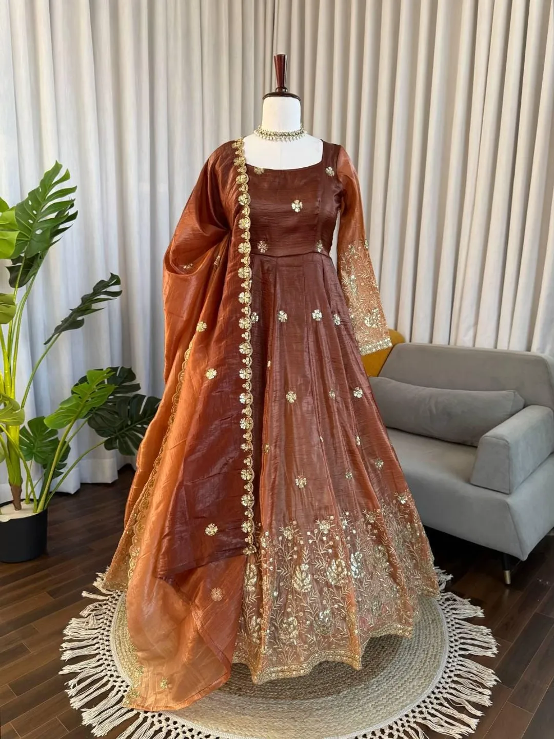 anarkali dress brown Copper Brown Organza Silk Anarkali Gown with Gold Embroidery Dupatta Indian Wedding Party Wear Dress