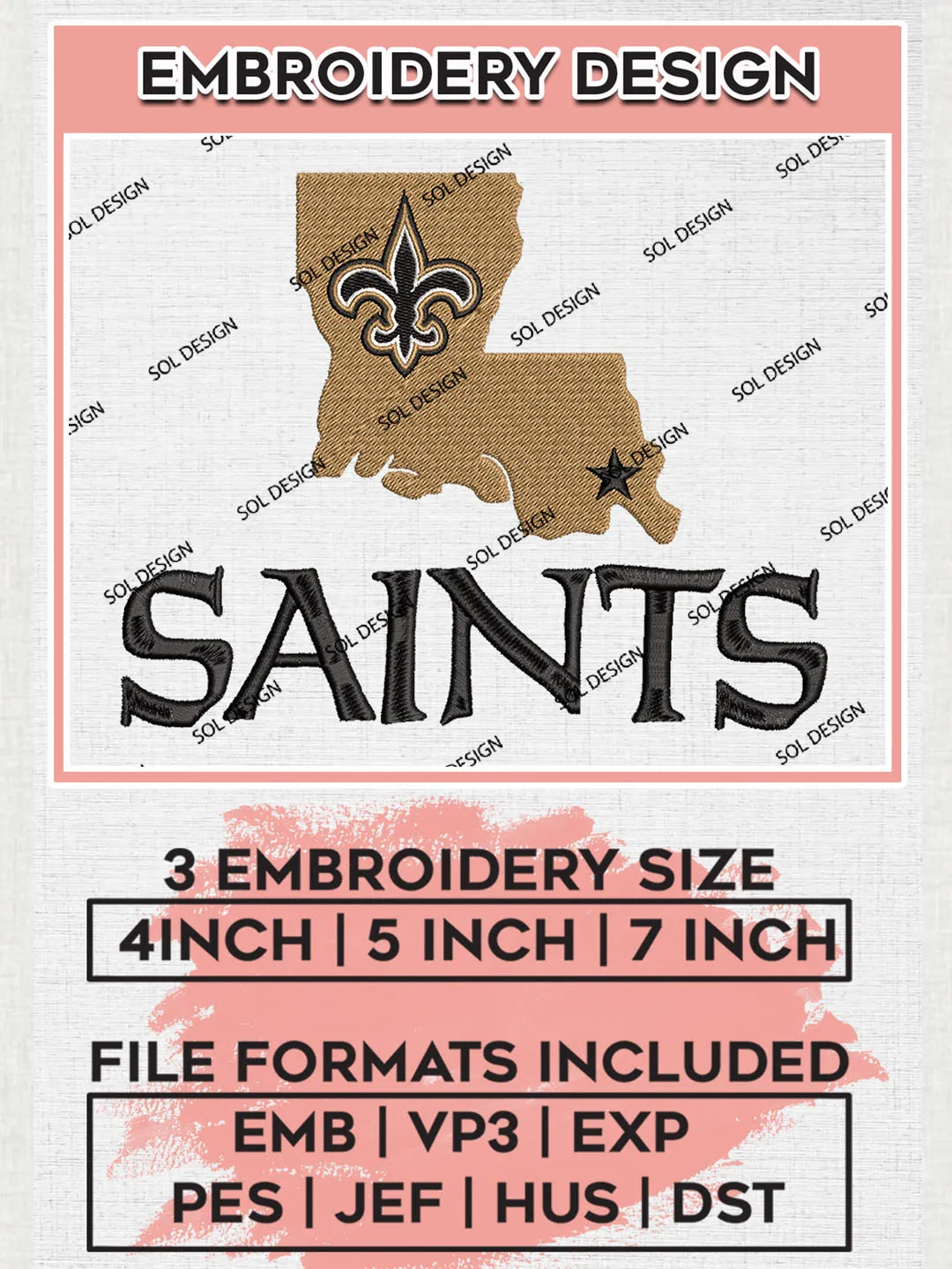 New Orleans Saints Map Logo Embroidery Designs, NFL Saints, NFL Embroidery Designs, NFL New Orleans Saints Machine Embroidery Design, Digital Download