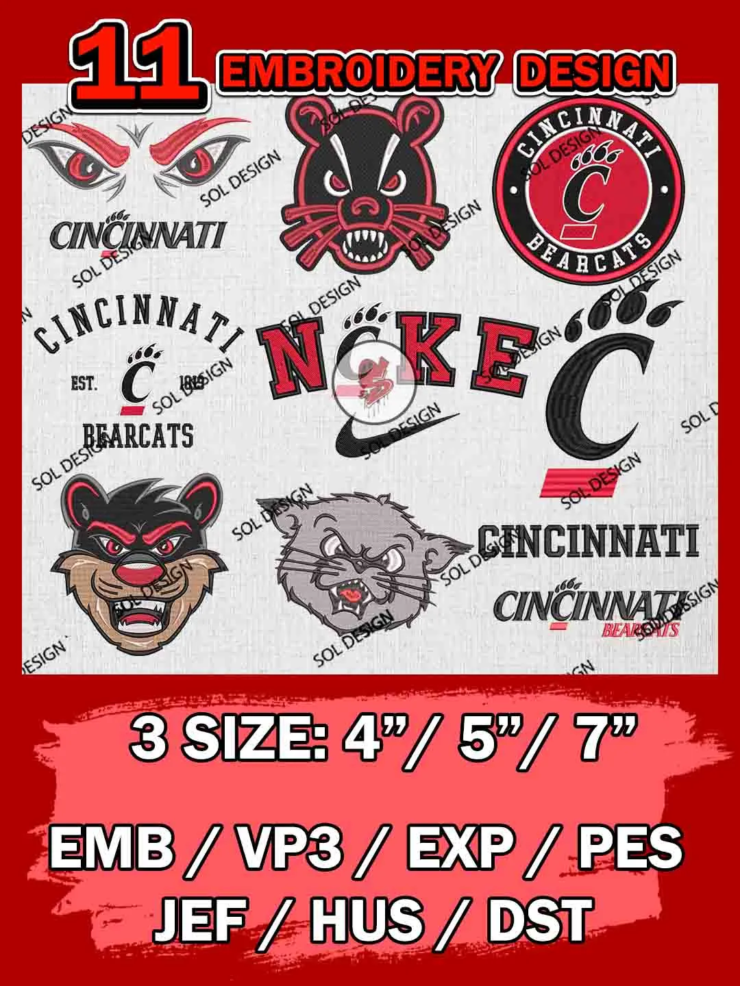 11 NCAA Cincinnati Bearcats Bundle Embroidery Files, NCAA Cincinnati Bearcats Team Bundle Embroidery Designs, NCAA Teams, National College Football Team 3 sizes, NCAA Cincinnati Machine Embroidery, Digital Download