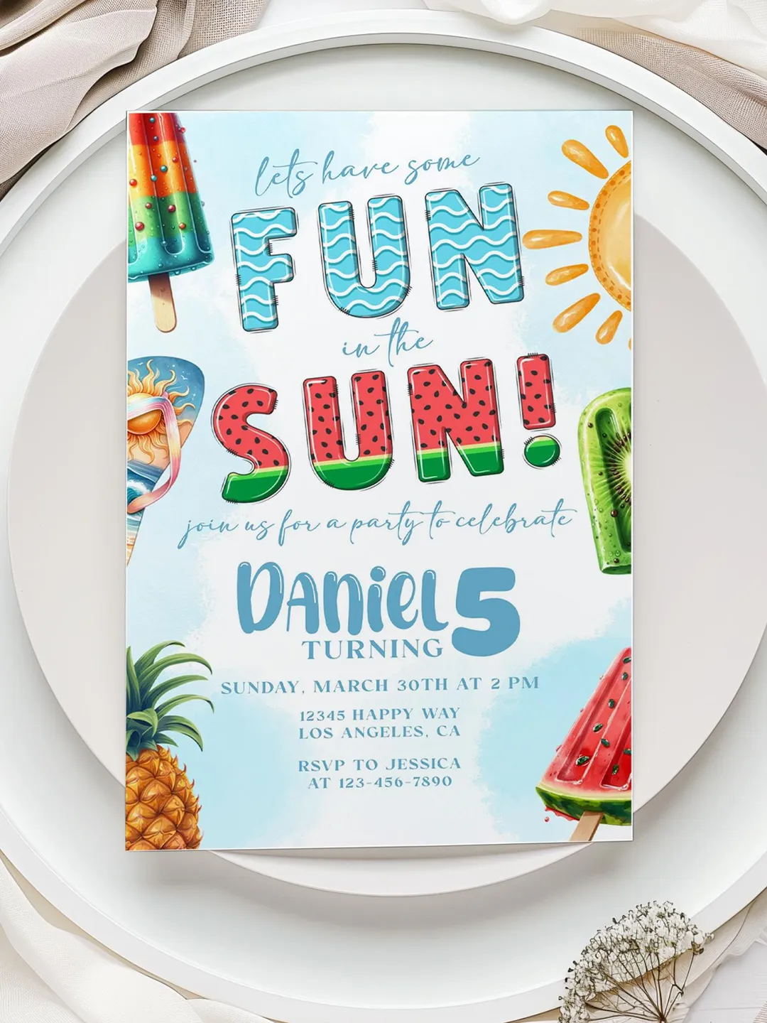 Summer Birthday Invitation, Summer Invite, Fun in the Sun Birthday Party  Invitation, Ice Cream Popsicle Watermelon, Editable Template, image size:1080x1440