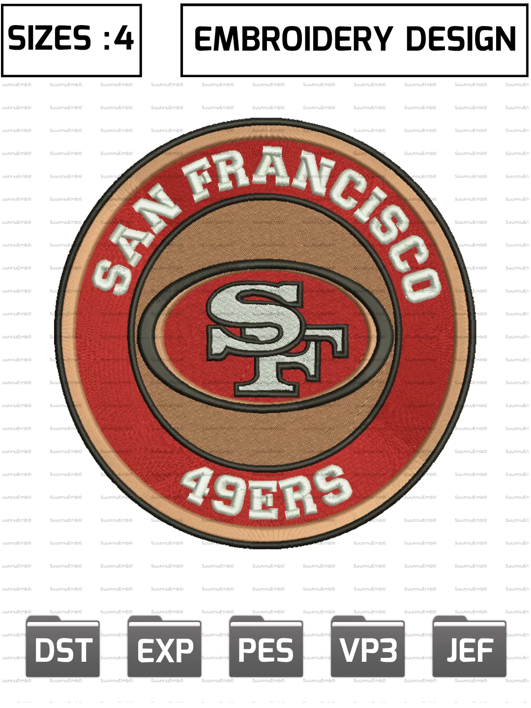 San Francisco 49ers Circle Logo  Embroidery Design,NFL Logos Embroidery Design,NFL Teams, Machine Embroidery Design File,4 Sizes, Digital Download