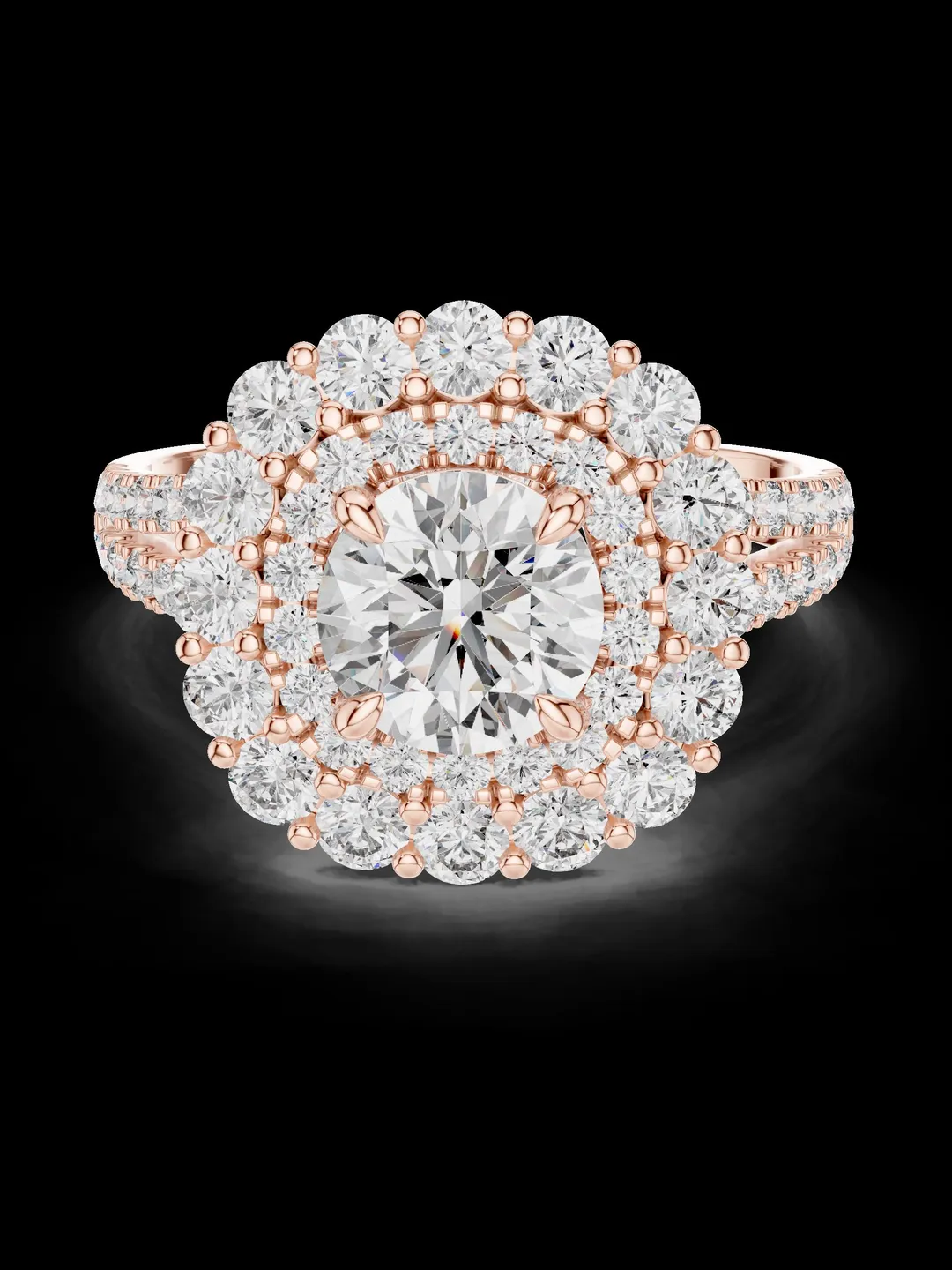 Double Halo Diamond Engagement Ring, Split Shank Bridal Ring, Round Cut ...