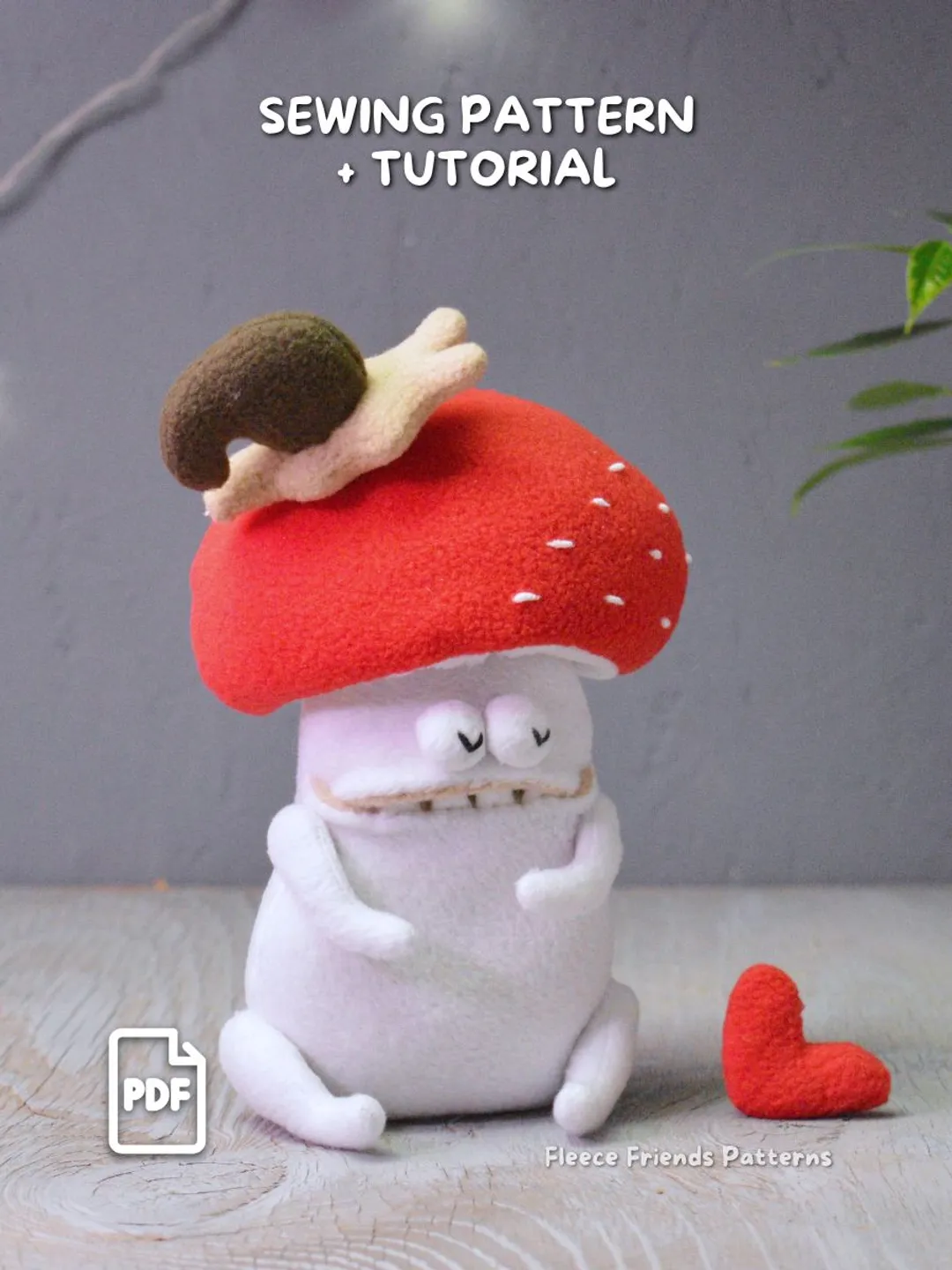 Fly Agaric Mushroom Sewing Pattern, Plush Monster with Secret Mouth Pocket & Snail Friend