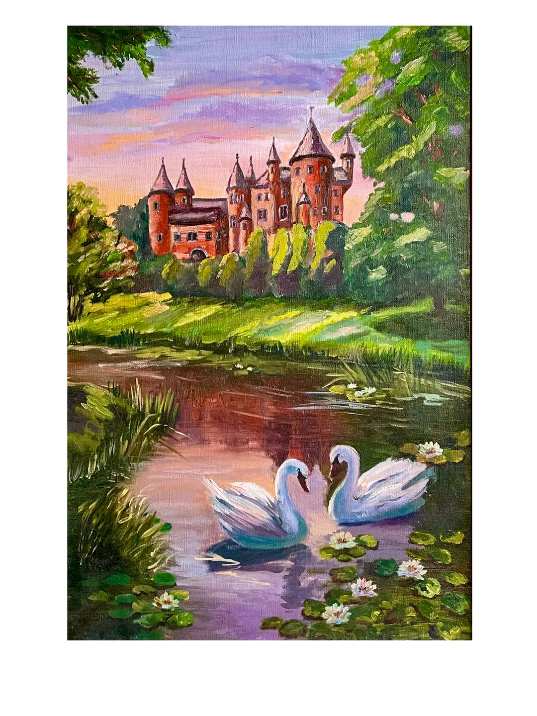 Original Oil Painting on Canvas, Landscape Swans on a pond Painting