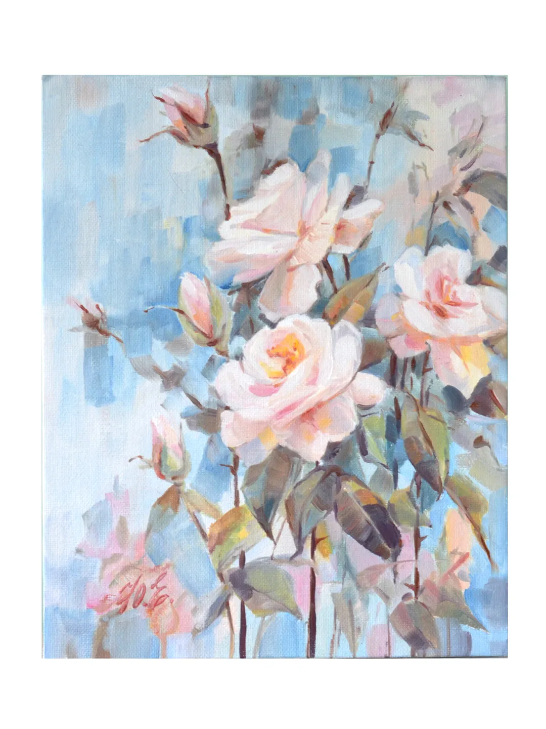 Roses oil painting / Pink flowers on blue art
