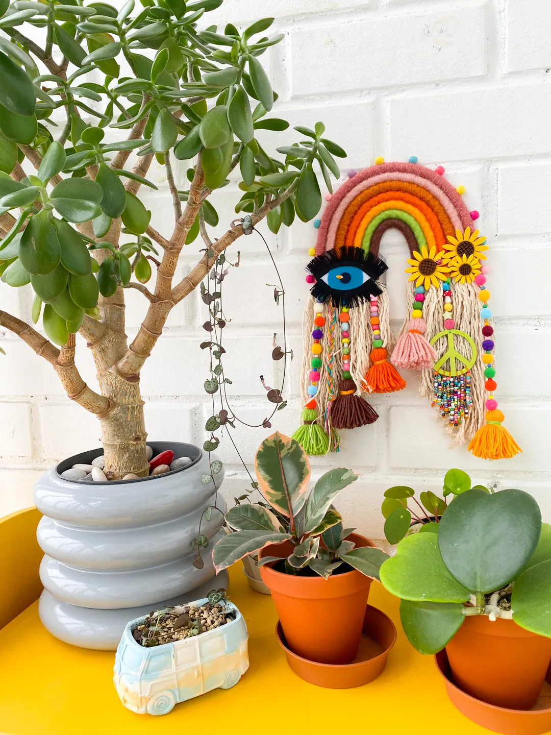 Hippie room decor, Macrame rainbow wall hanging with evil eye and peace sign, Boho home decor