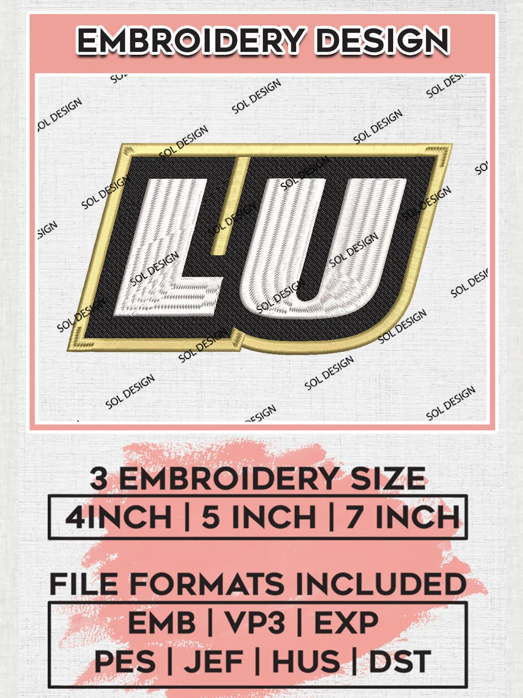Lindenwood Lions Team Letter Logo Embroidery Design Files, NCAA Lindenwood Lions Machine Embroidery, NCAA Teams, 3 sizes, NCAA Machine embroidery designs, Digital Download