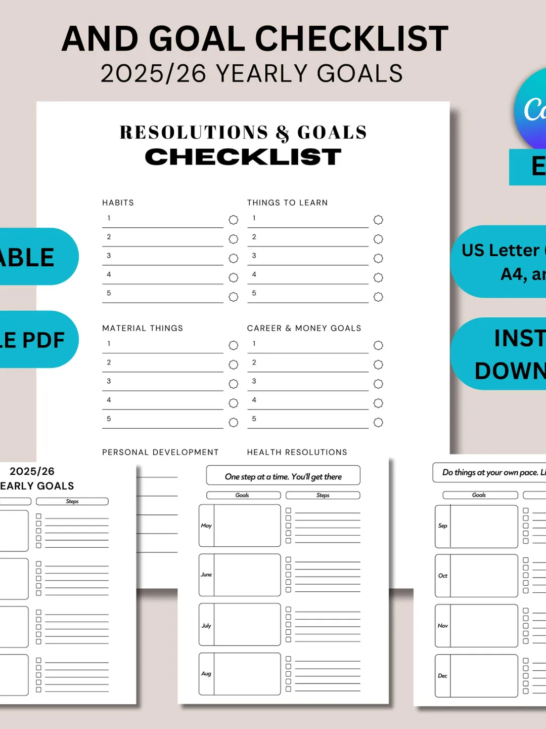 Check Off Goals Editable Resolutions & Goals Checklist Template | US Letter, A4, A5 ...