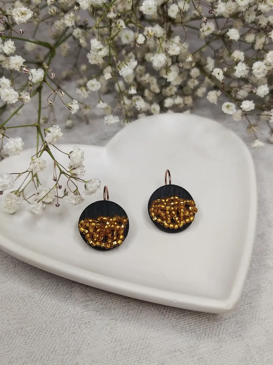 Gold black boho polymer clay and Beads handmade earrings, unique elegant earrings for Women, gift for Mom