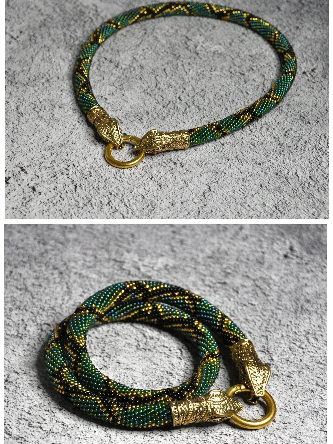 Green snake bead necklace, Extravagant choker necklace for woman, unusual witch handmade jewelry