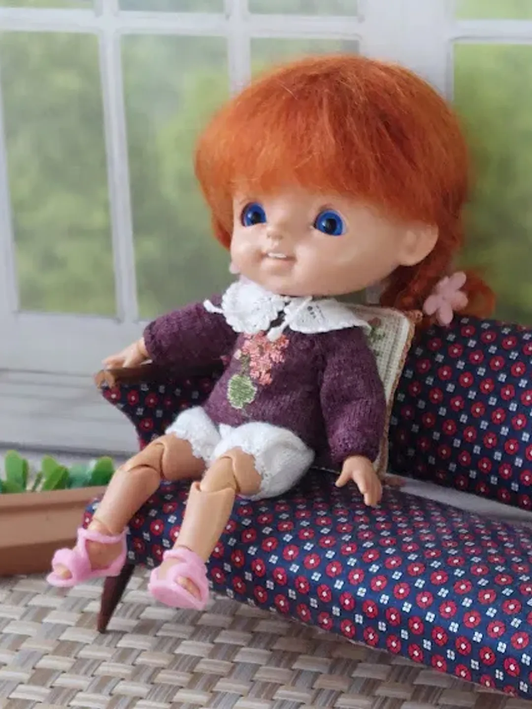 Miniature knitted sweater for doll 4 inches with micro embroidery