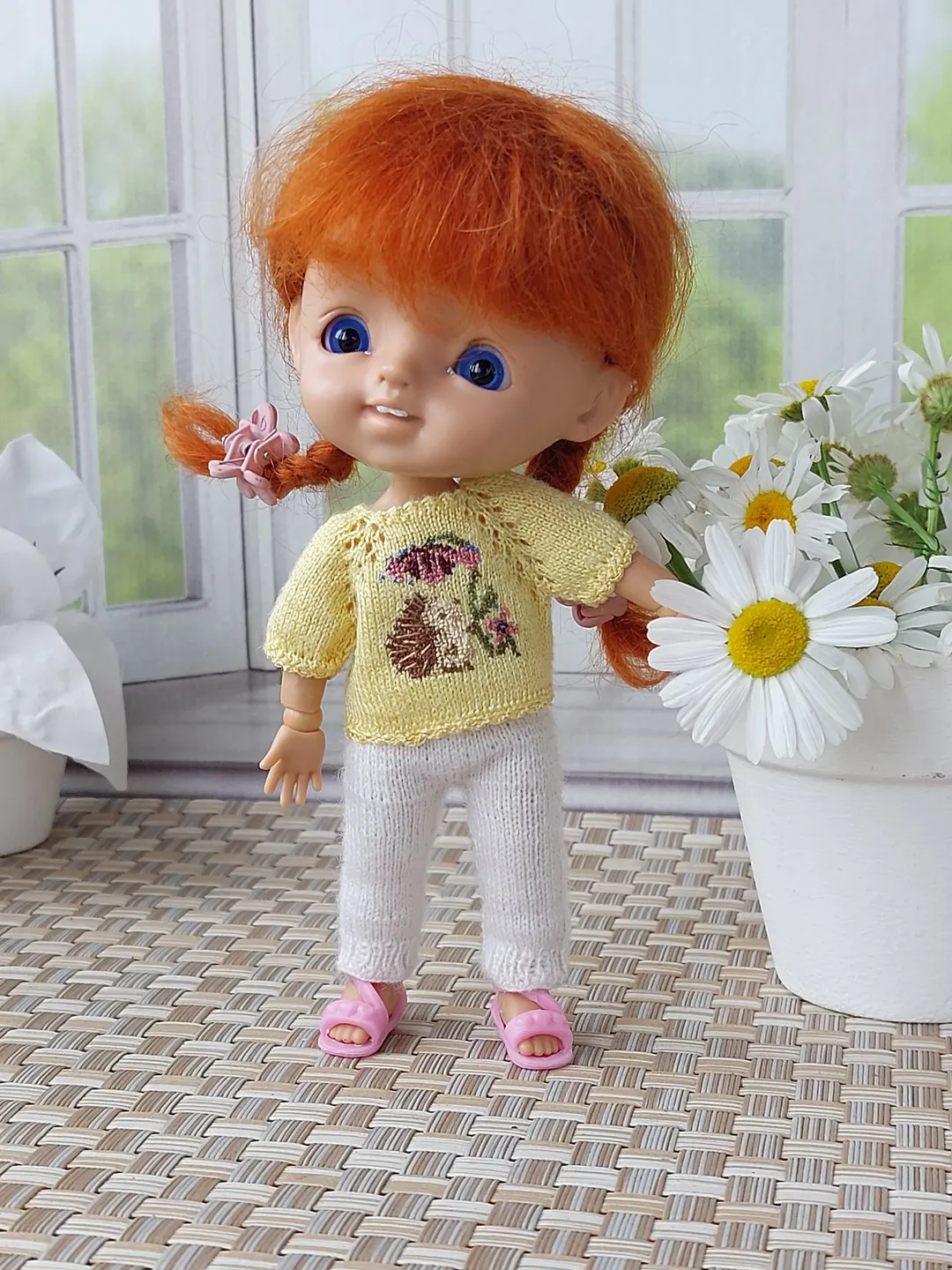 Miniature embroidered yellow sweater for mini doll 4 inches. Stodoll clothes.
