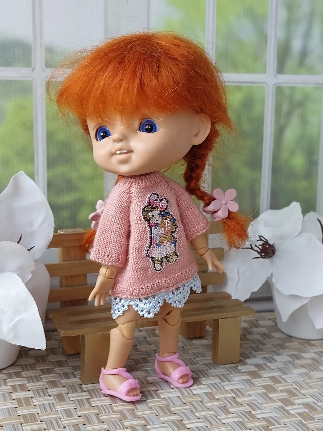 Miniature pink sweater for mini doll 4 inches with micro embroidery