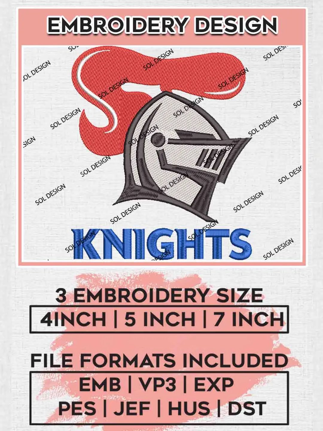 NRL Newcastle Knights Logo Embroidery Design, National Rugby League Embroidery Design, New Newcastle Knights Logo Embroidery Design, NRL Machine Embroidery Digitized Pes File, 3 Sizes, Instant Download