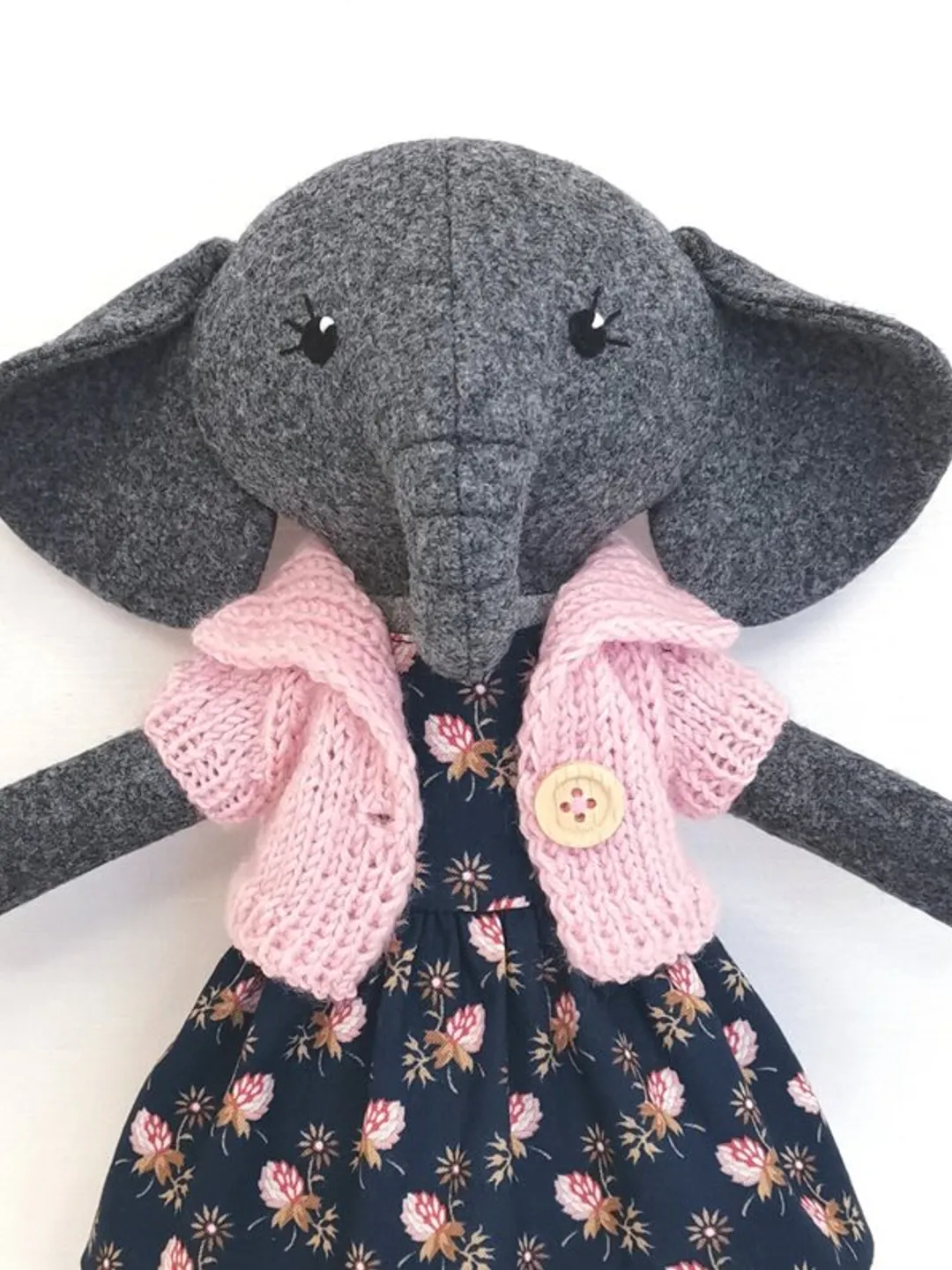 Gray elephant girl, handmade stuffed doll, wool plush elephant toy