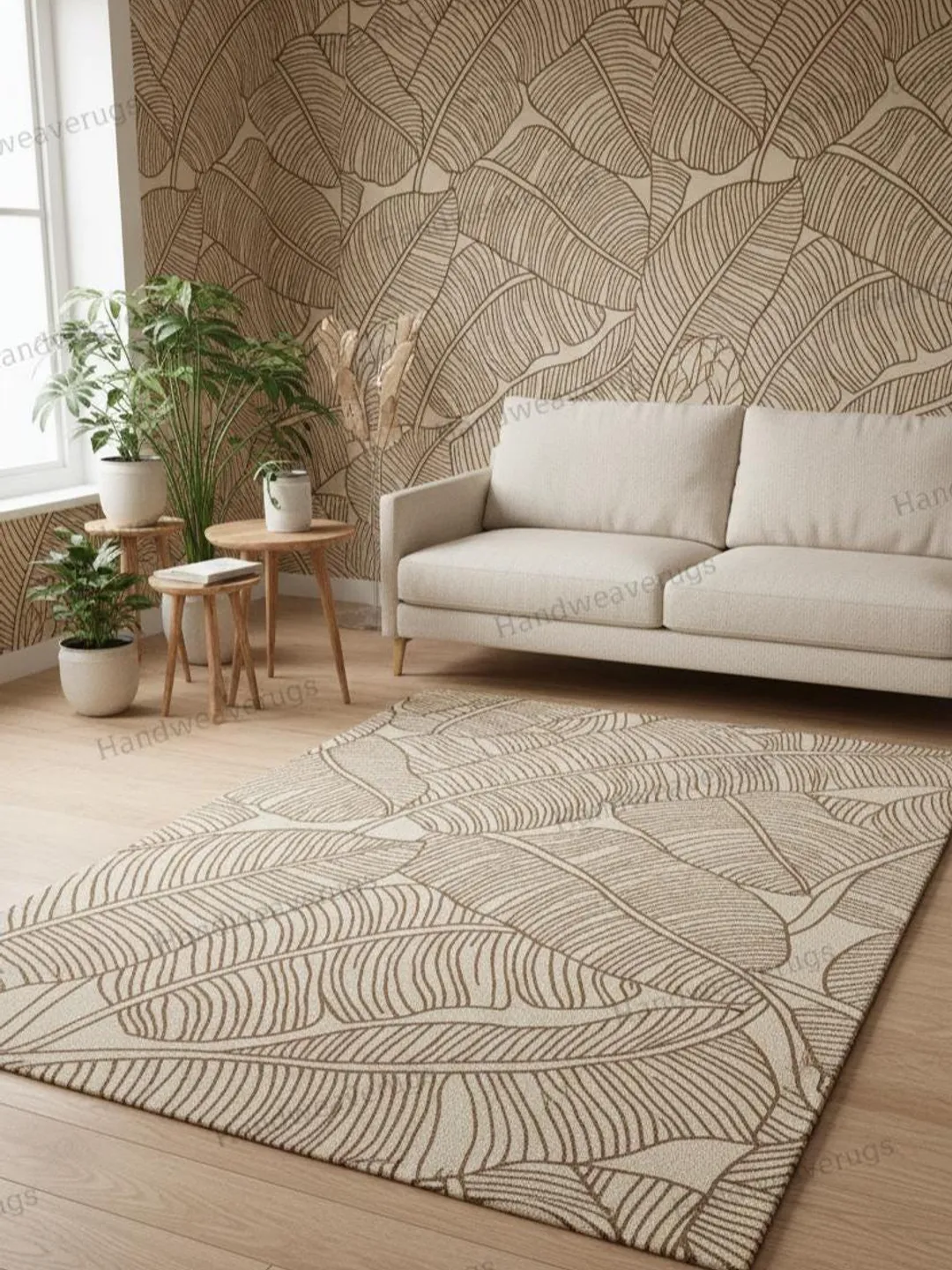 Hand Tufted Wool Area Rug, Tropical Leaf Design, Modern Decor