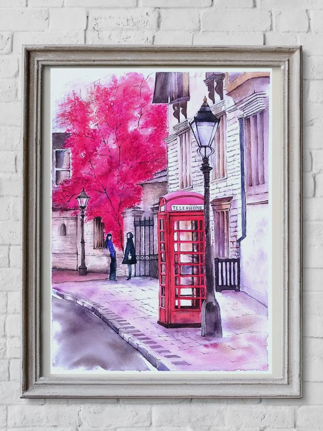 London Street Painting Urban Landscape Artwork Original Watercolor Painting Red Phone Booth Art 11.81x15.75 in by SoftWaves