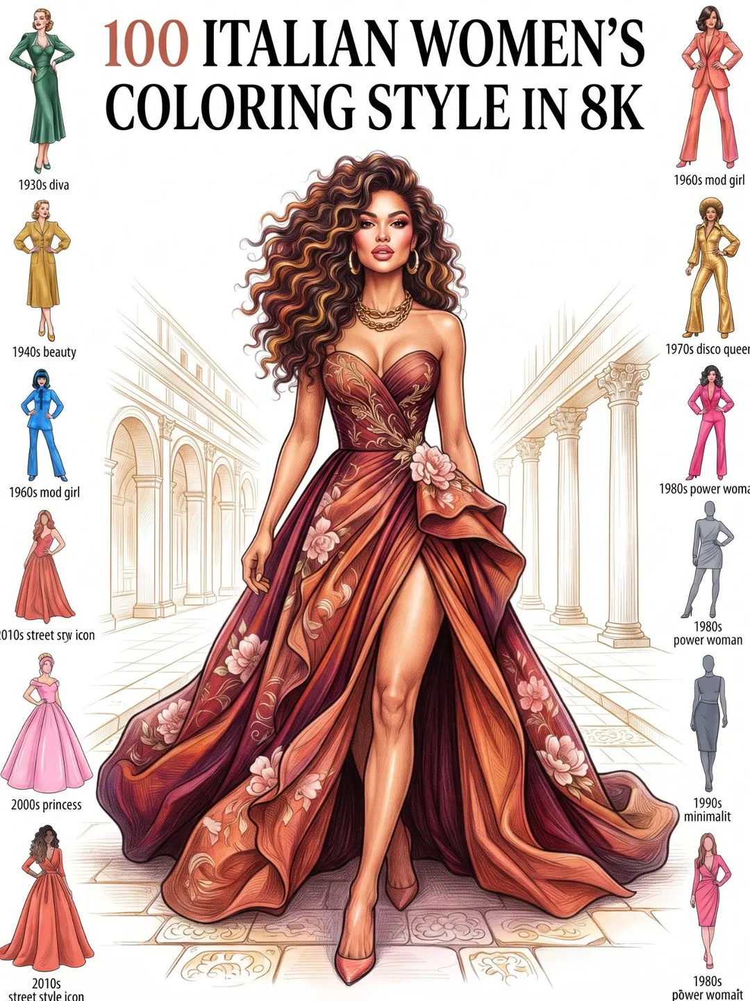 Adult Coloring Book Italian Fashion | 100 Women's Styles | 8K