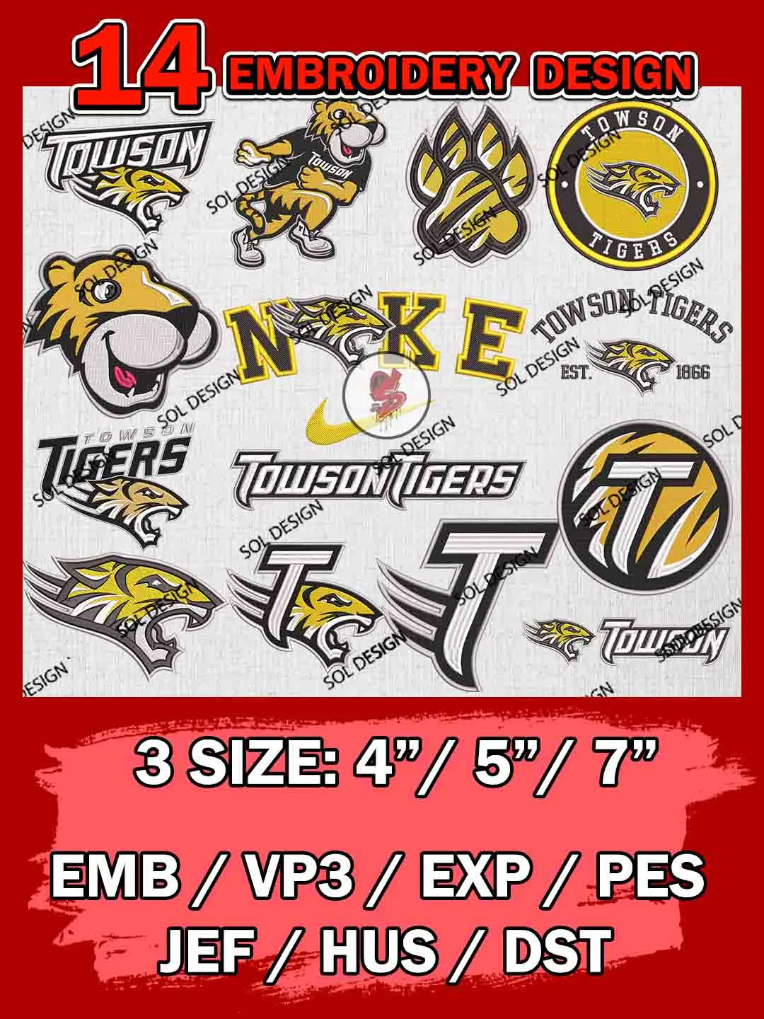 14 NCAA Towson Tigers Bundle Embroidery Files, NCAA Towson Tigers Team Bundle Embroidery Designs, NCAA Teams, National College Football Team 3 sizes, NCAA Towson Machine Embroidery, Digital Download